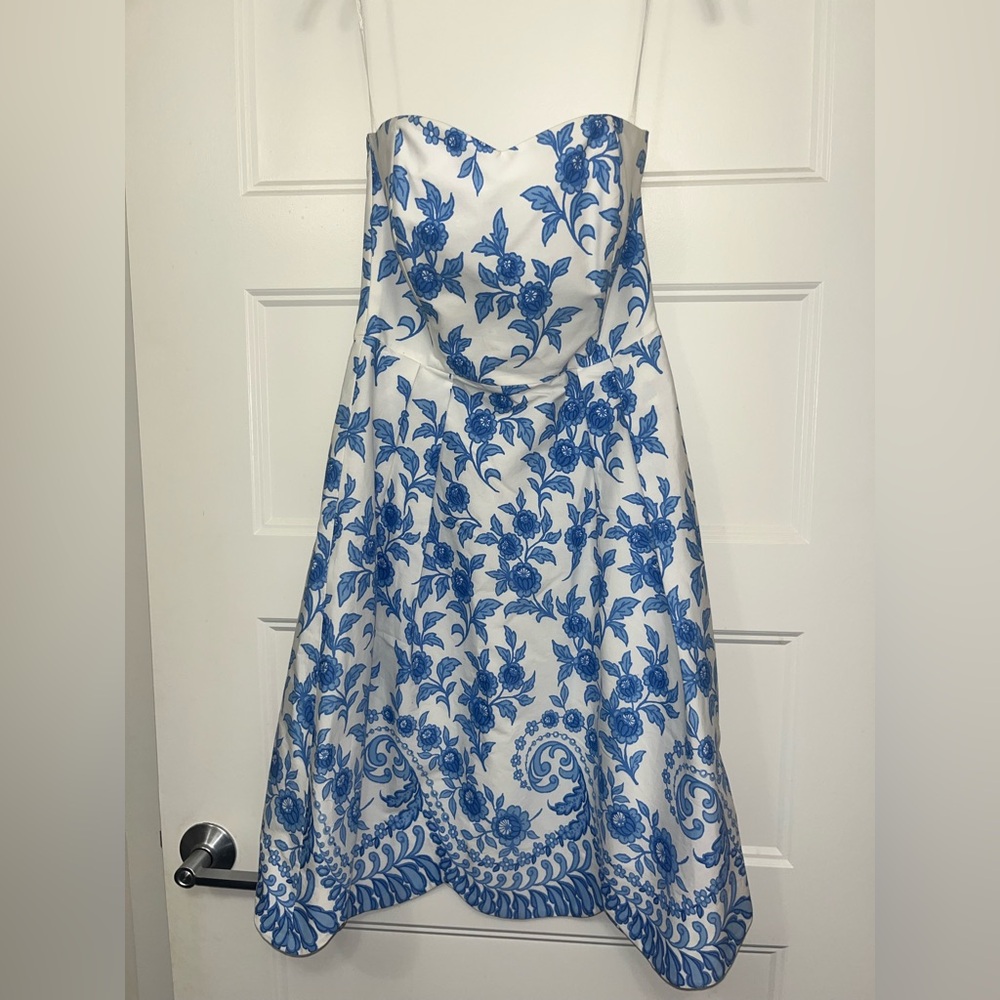 J. McLaughlin Strapless Dress with Blue Floral Pattern